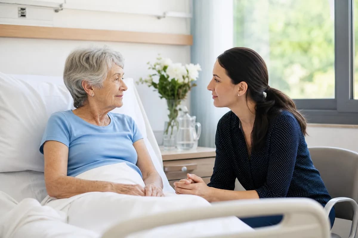 Acompañante conversa con una persona mayor ingresada en una habitación hospitalaria