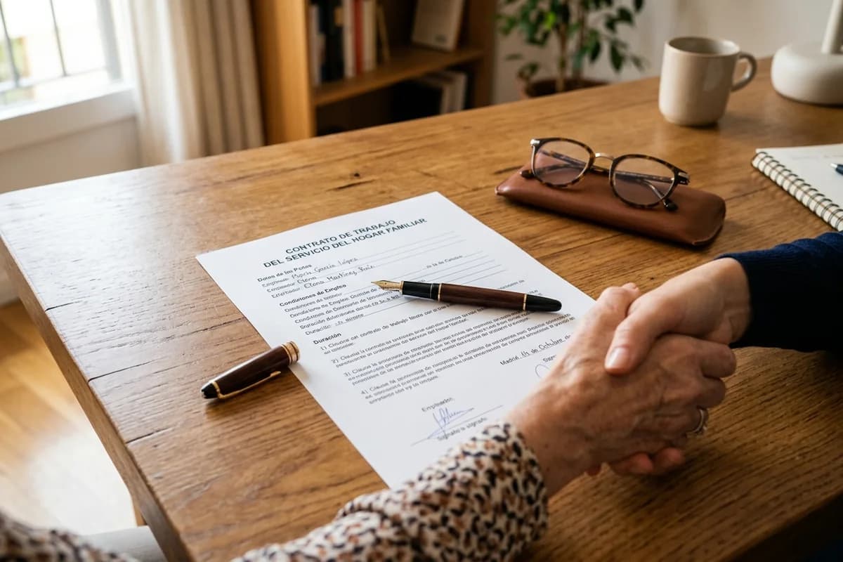 Familia y cuidadora firmando el contrato de trabajo oficial en una mesa