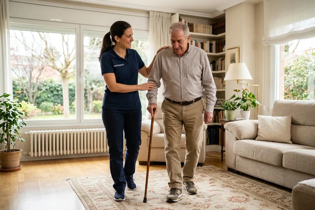 Cuidadora apoyando a una persona con Parkinson a realizar ejercicios de marcha