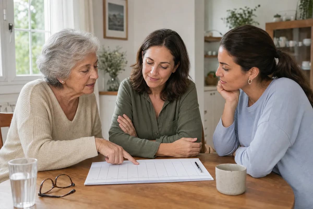 Familia y cuidadora revisan juntas un plan de cuidados en casa